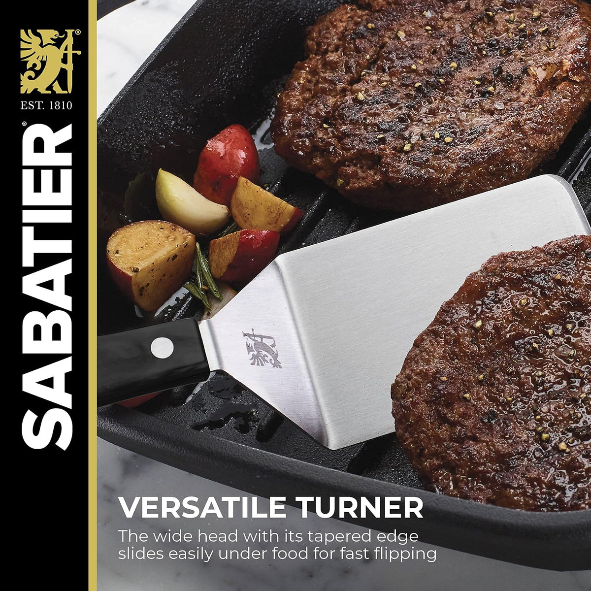 SABATIER - Espátula de acero inoxidable de 9.625 pulgadas para hierro fundido, plancha y parrilla, utensilios de cocina de grado profesional