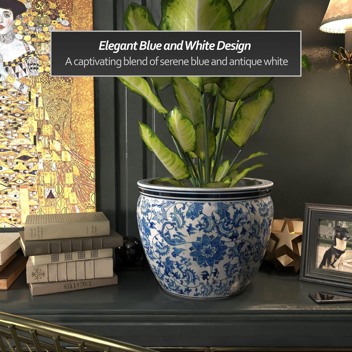 Oriental Furniture Classic Asian Indoor Planter Pot, 16-Inch Fine Chinese Export Porcelain Fishbowl, Ming Blue and White Floral Design