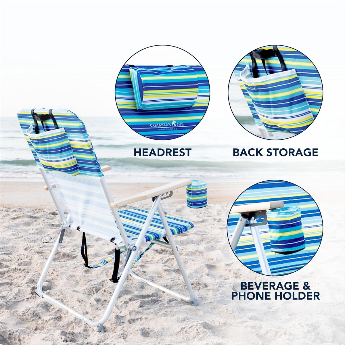 Caribbean Joe - Silla de Playa Plegable, Mochila portátil de 4 Posiciones, Silla de Camping Plegable con reposacabezas, portavasos y reposabrazos de Madera, Rayas Azules y Lima