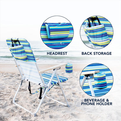 Caribbean Joe - Silla de Playa Plegable, Mochila portátil de 4 Posiciones, Silla de Camping Plegable con reposacabezas, portavasos y reposabrazos de Madera, Rayas Azules y Lima