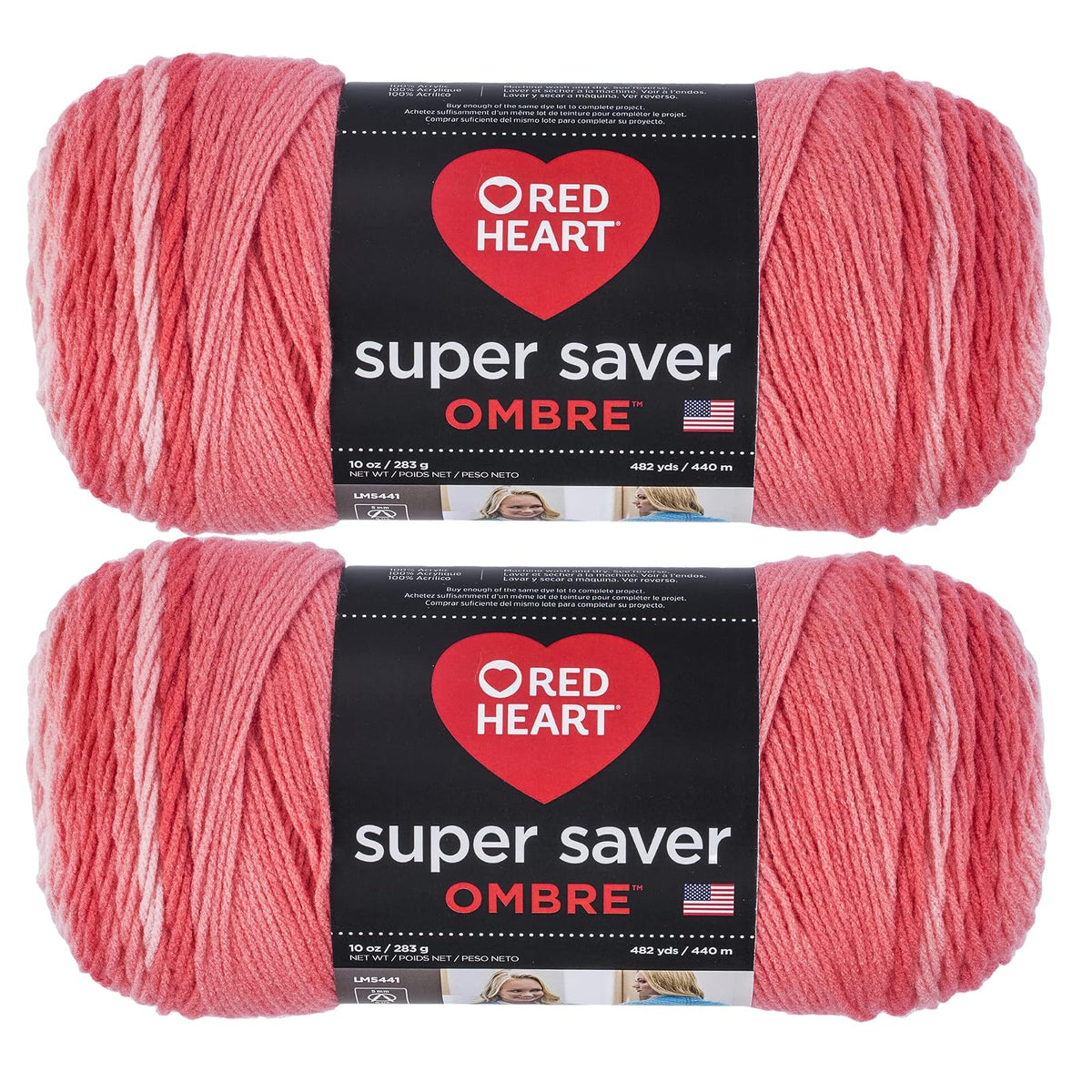 Red Heart Super Saver Estambre Acrílico Jumbo, Paquete de 2, 396 g - Paquete de 2 - Ombre sea coral