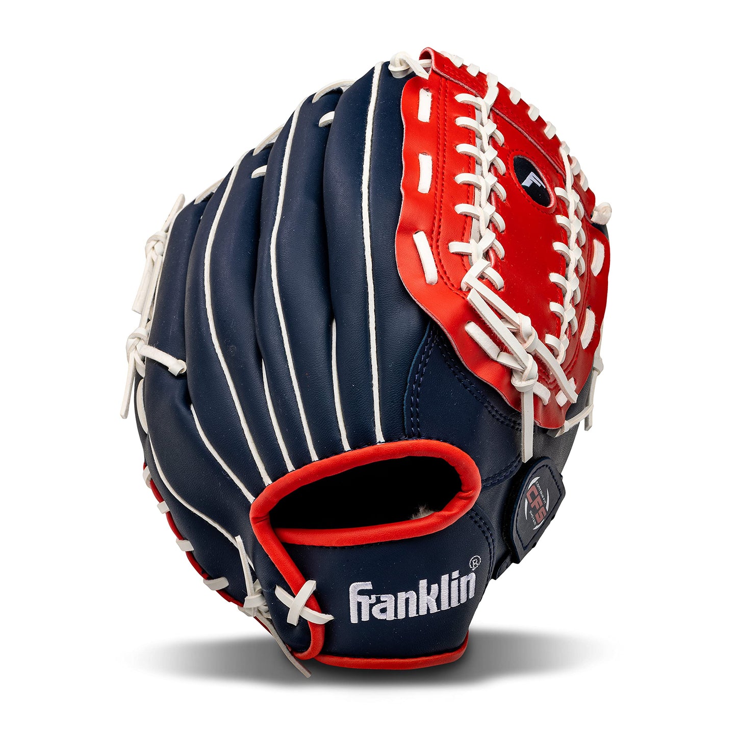 Franklin Sports Guante de béisbol y sóftbol, Maestro de Campo, Guante de béisbol y sóftbol, 12 Pulgadas, Tela de Trapecio, Rojo, Blanco, Azul
