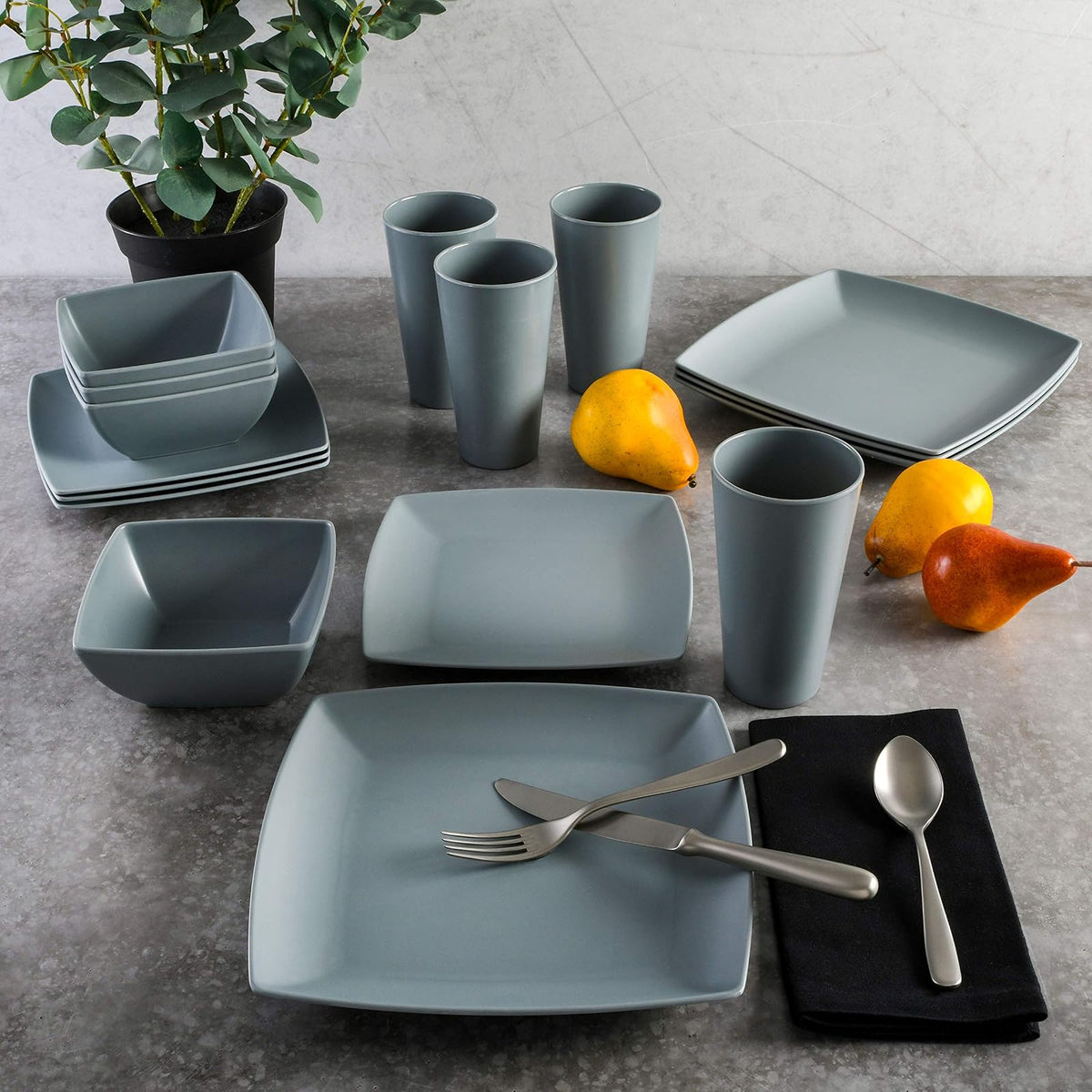 Gibson Home Soho Grayson - Vajilla cuadrada de plástico de melamina para cuatro (16 piezas), color gris
