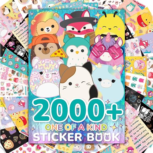Squishmallows Original 2000 + libro de pegatinas único en la clase, 43 hojas de pegatinas, calcomanías Kawaii Squishmallows para botella de agua, cuadernos, bolsas de recuerdos de fiesta, lindas