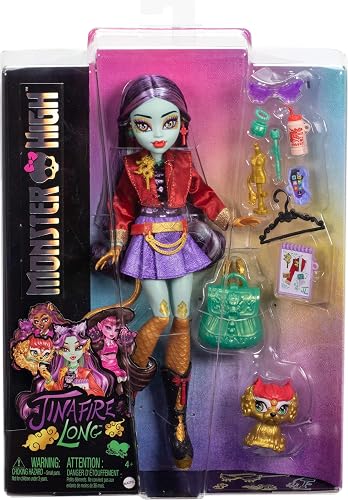 Monster High - Muñeca de dragón Jinafire Long Cloudy Yun Yun y 7 Accesorios Incluyendo un álbum de Dibujo, Bebida de Yogur y Mochila, Juguete para niños de 4 años de Edad, HYV58