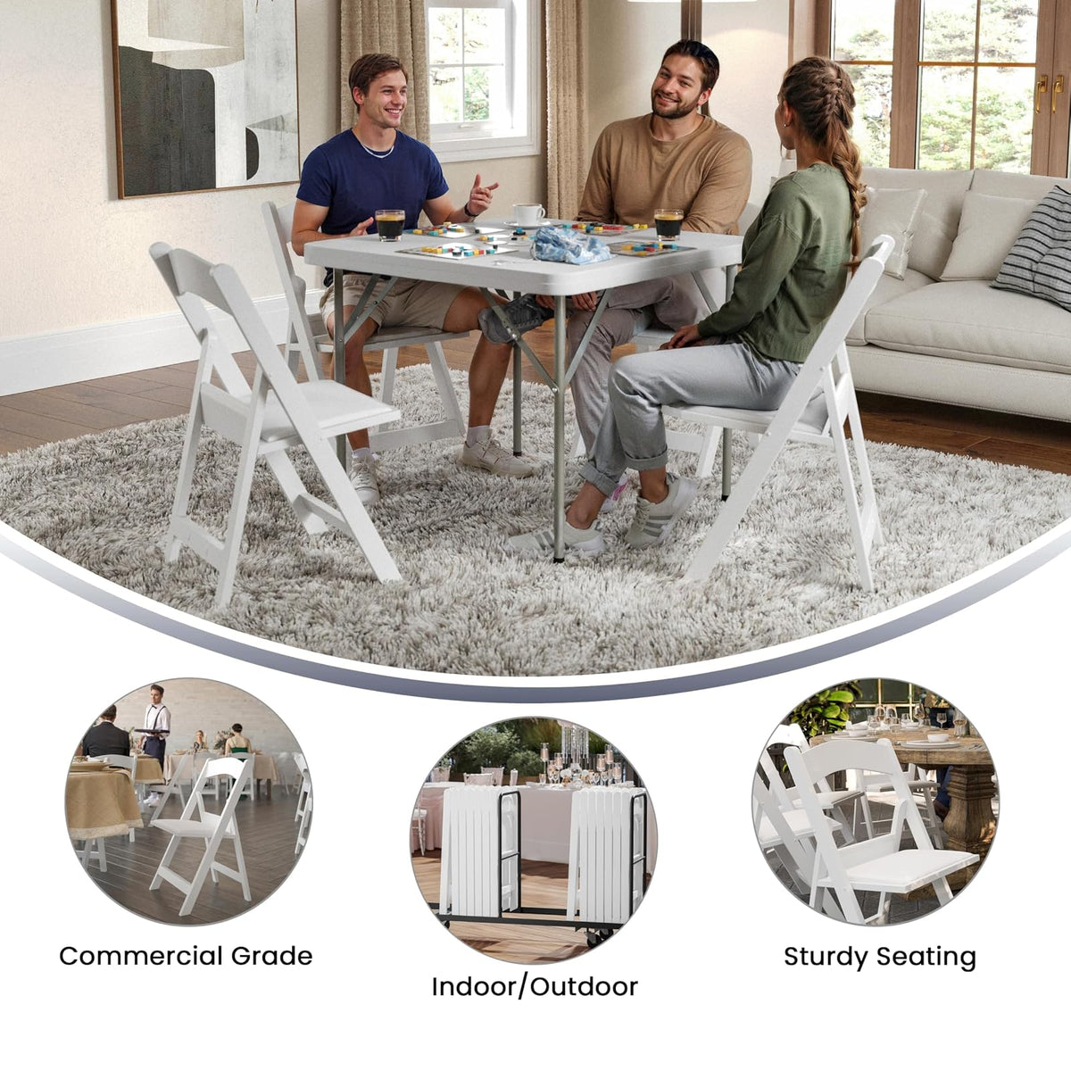 4 Pk. HERCULES™ 1000 lb. Capacity White Resin Folding Chair with White Vinyl Padded Seat