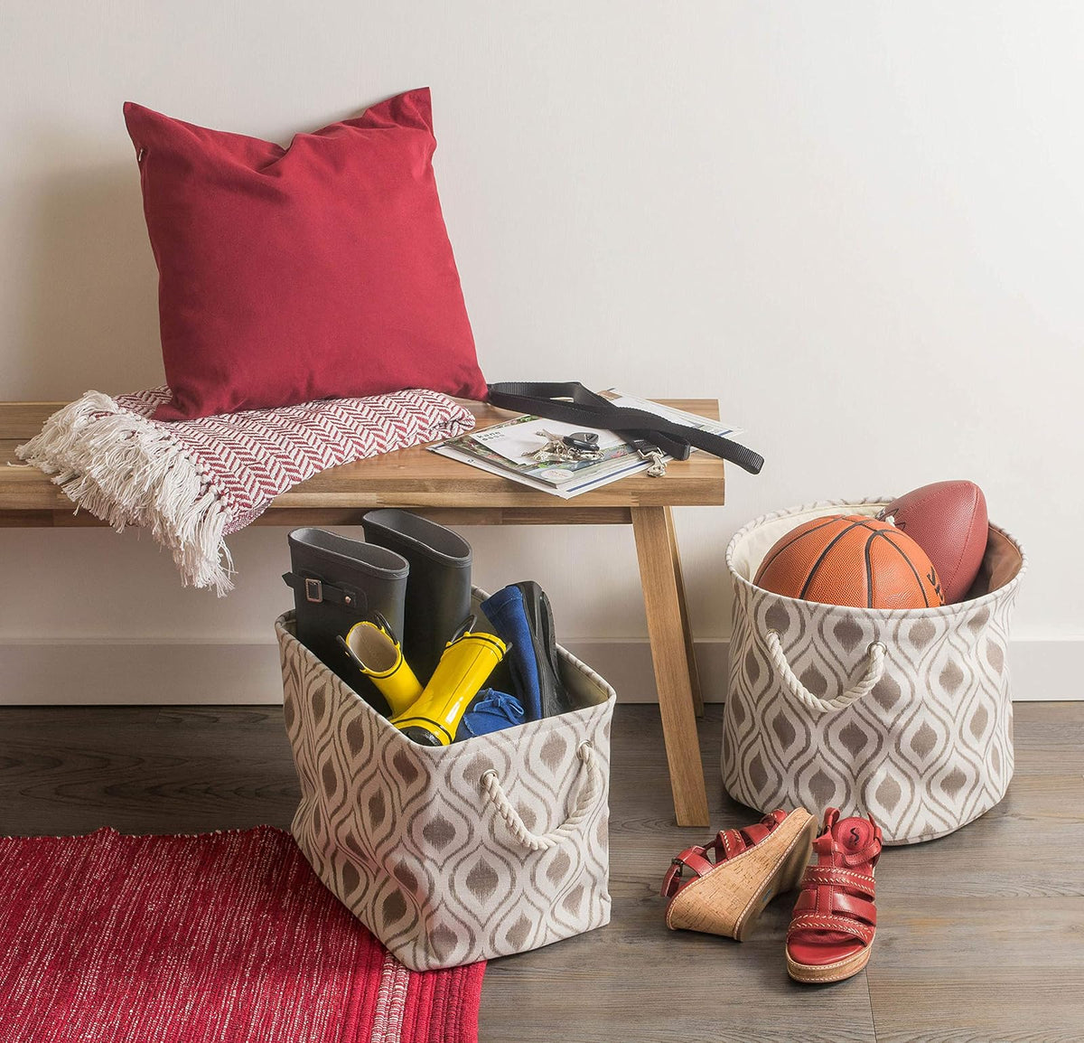 DII Cesta de almacenamiento plegable de poliéster o contenedor con asas de algodón duraderas, solución de organizador para el hogar, oficina, recámara, clóset, juguetes, y lavandería, Ikat , Ikat Stone, 17.75x12x15", 1, 1
