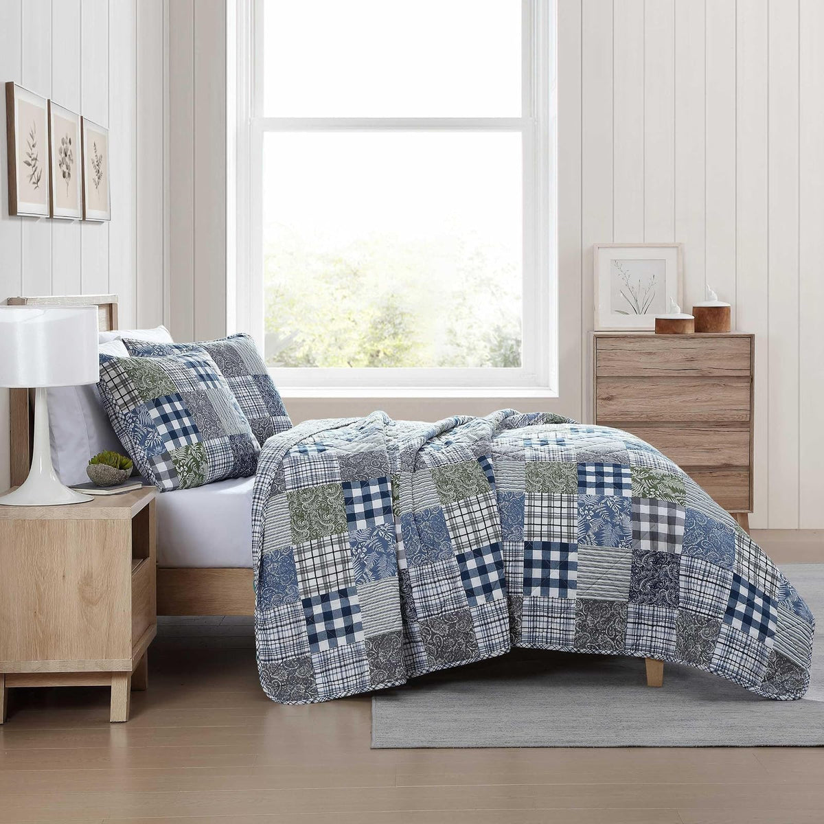 Eddie Bauer - Juego de edredón individual, ropa de cama de algodón reversible con funda a juego, decoración del hogar con reverso a cuadros (acogedor patchwork a cuadros azul/verde, tamaño individual)