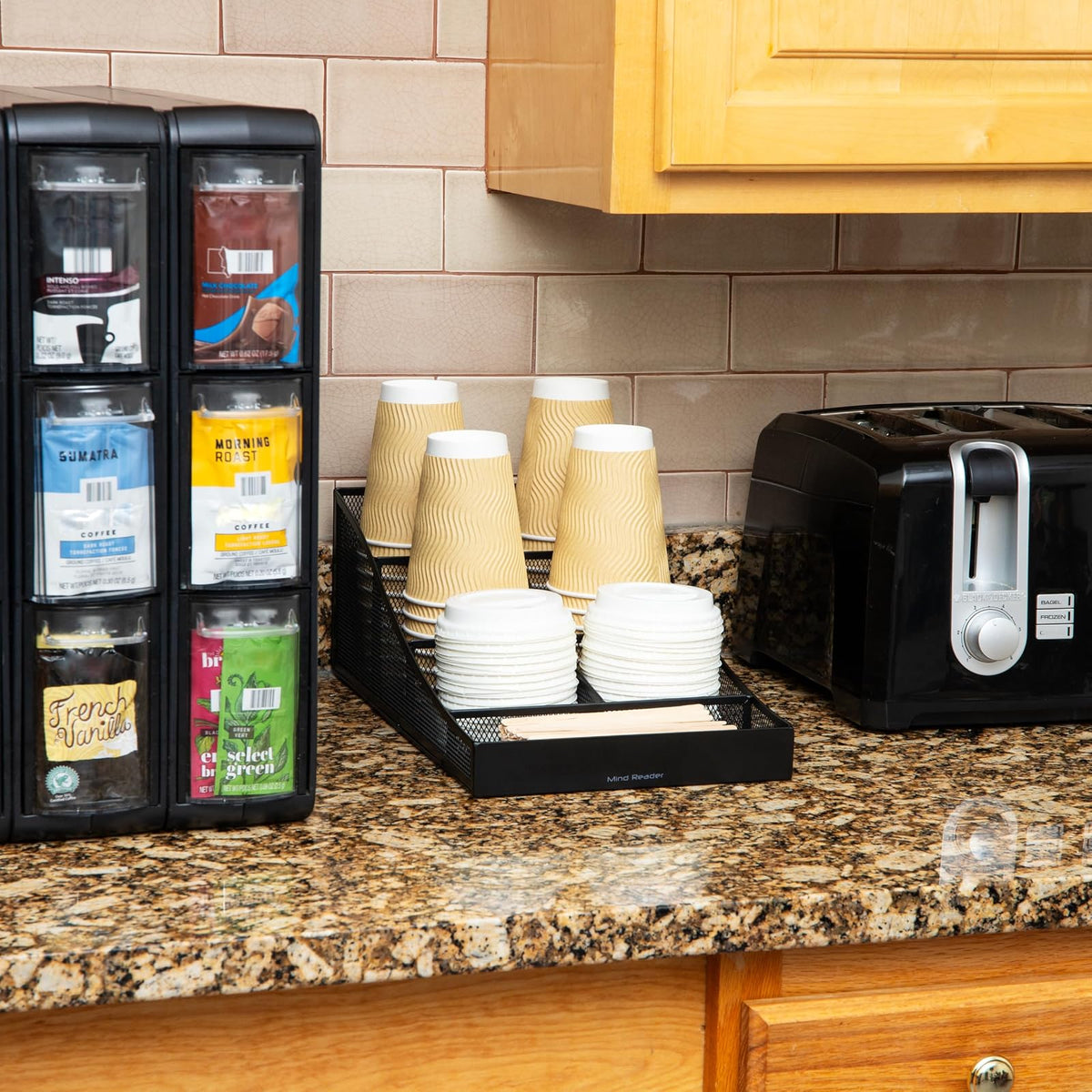 Mind Reader Cup and Condiment Station, Countertop Organizer, Coffee Bar, Kitchen, Metal Mesh, 8.5"L x 14.5"W x 5.25"H, Black