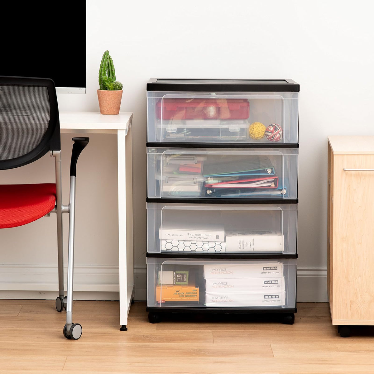 IRIS USA Carrito Organizador Ancho de 4 Cajones con Ruedas, Negro | Guarda ropa, toallas, artículos de oficina, manualidades y artículos del hogar con almacenamiento organizado