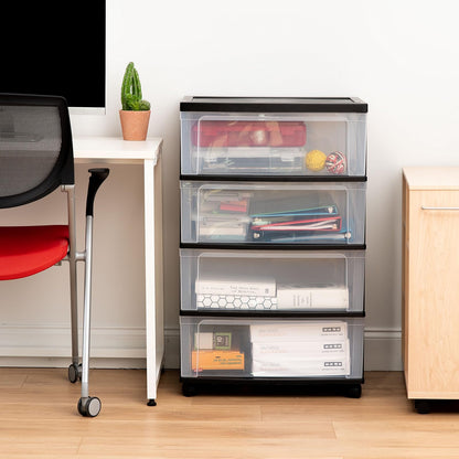 IRIS USA Carrito Organizador Ancho de 4 Cajones con Ruedas, Negro | Guarda ropa, toallas, artículos de oficina, manualidades y artículos del hogar con almacenamiento organizado
