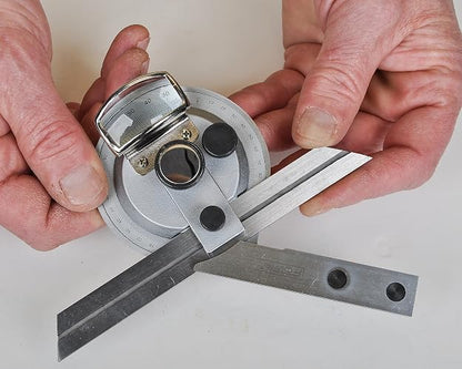 Fowler 52-440-612 transportador biselado de acero inoxidable con lente de lupa, acabado chapado en cromo satinado, cuchillas de 6 a 12 pulgadas, lectura de dial 5 minutos