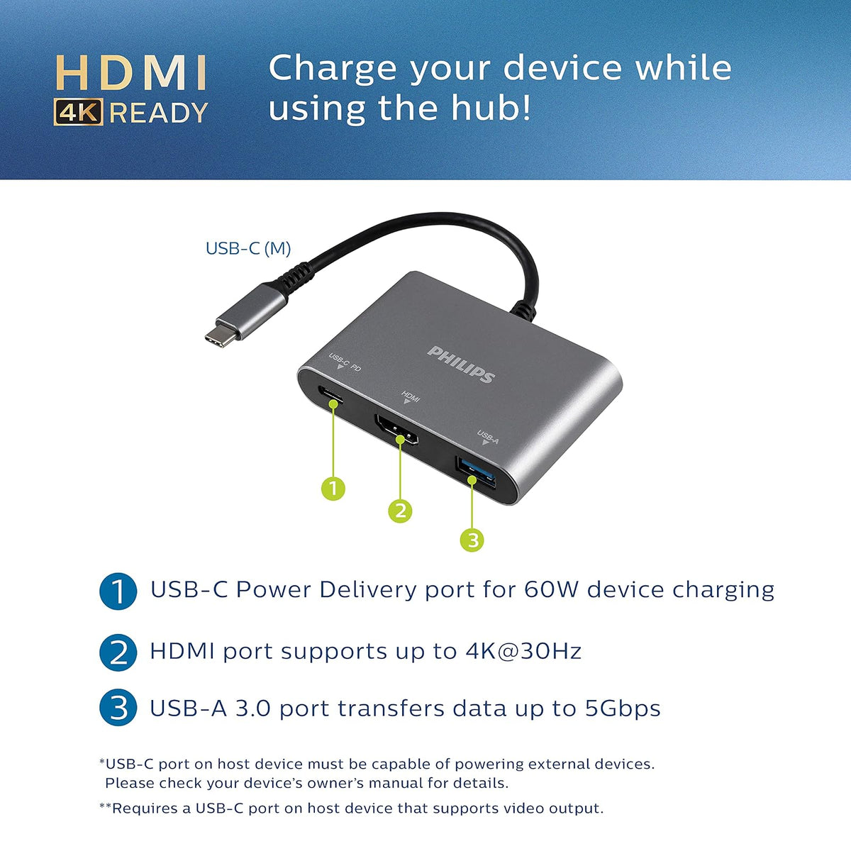 Philips Adaptador de concentrador USB C a multipuerto, paso de alimentación 3 en 1, HDMI 4 K a 30 Hz, puerto de carga USB C de 60 W, puerto USB 3.0 de 5 Gbps para MacBook Pro, MacBook Air, estación de