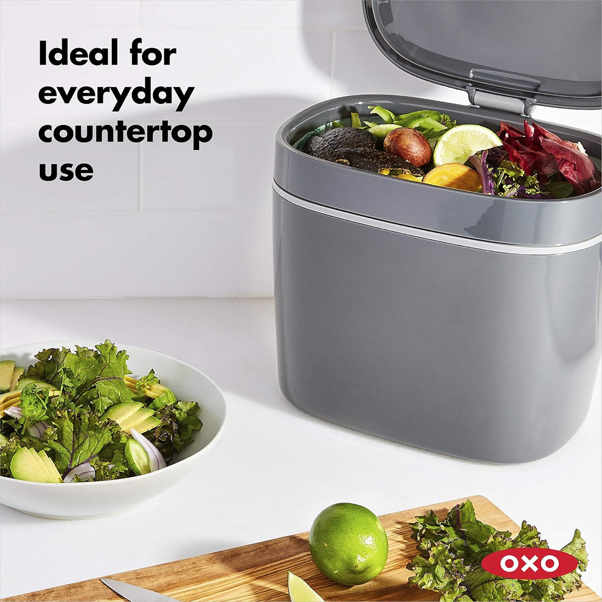 OXO Good Grips - Contenedor de compostaje fácil de Limpiar, carbón, 1.75 galas/6.62 l, plástico, 8.3 Pulgadas de Largo x 10.15 Pulgadas de Ancho x 12 Pulgadas de Alto