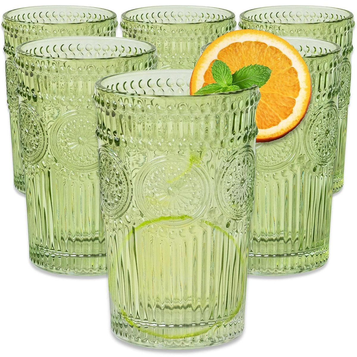 Juego de vasos de vidrio con relieve clásico de 6 a 13 onzas para agua, té helado, cócteles, cristalería de colores para cocina, vasos clásico, bonitos vasos de vidrio, vasos bohemios