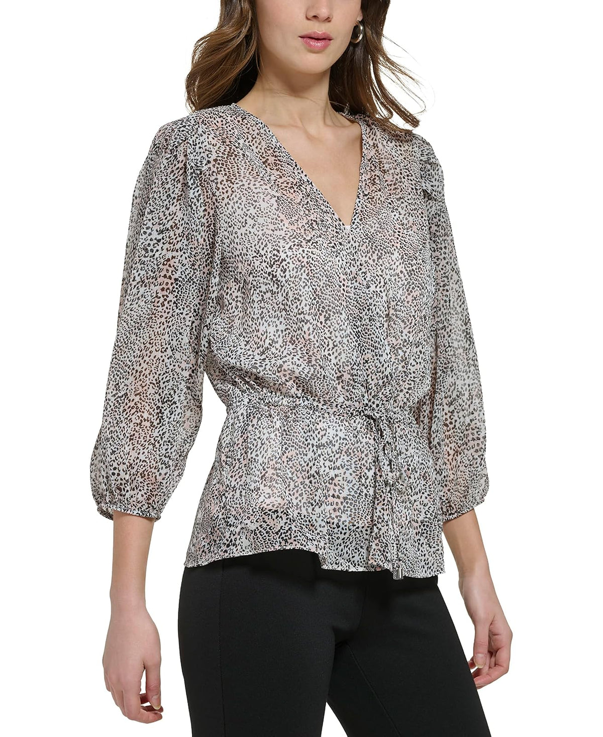 DKNY Blusa favorecedora con Lazo en la Cintura y Mangas de Burbujas Blusas para Mujer