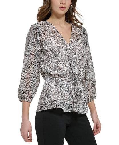 DKNY Blusa favorecedora con Lazo en la Cintura y Mangas de Burbujas Blusas para Mujer