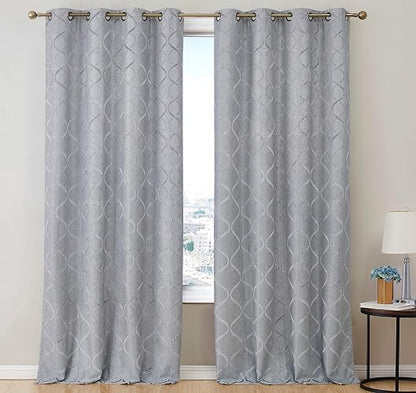 HLC.ME Cortina de aislamiento térmico, enrejado flocado, 100 % de oscurecimiento completo, con ojales, ahorro de energía e insonorización, ideal para sala y recámara, juego de 2, Moderno, Gris claro, 50 W x 96 L, 1