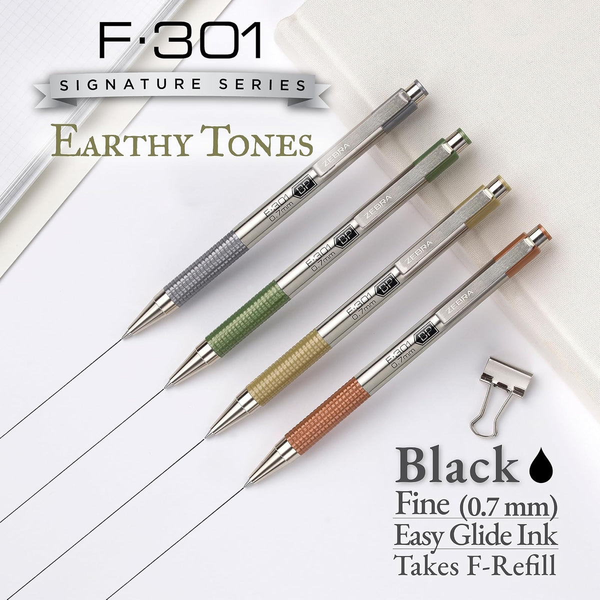 Zebra Pen F-301 Signature Series - Bolígrafo retráctil de 0,7 mm, tinta negra, barril de acero inoxidable duradero con detalles de tonos terrosos, detalles de barril surtidos, paquete de 4 (27304)