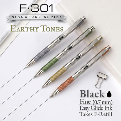 Zebra Pen F-301 Signature Series - Bolígrafo retráctil de 0,7 mm, tinta negra, barril de acero inoxidable duradero con detalles de tonos terrosos, detalles de barril surtidos, paquete de 4 (27304)