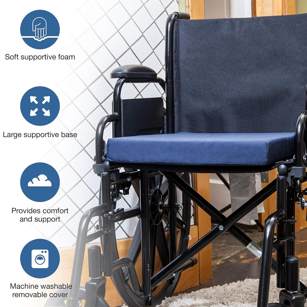 DMI Seat Cushion for Wheelchairs, Mobility Scooters, Office and Kitchen Chairs or Car Seats to Add Support and Comfort while Reducing Pressure and Stress on Back, 2 inches thick, 16 x 18, Navy Blue