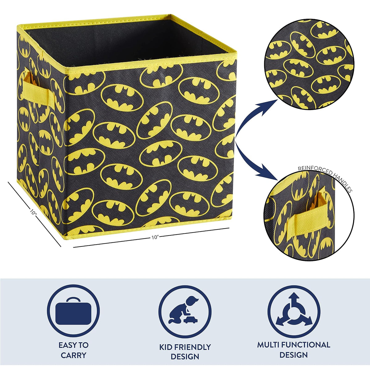Idea Nuova Batman - Juego de 2 Cubos de Almacenamiento Plegables de Tela para niños, Cajas organizadoras con Logotipo icónico - Almacenamiento de clóset y Juguetes - Contenedores de Cubos de