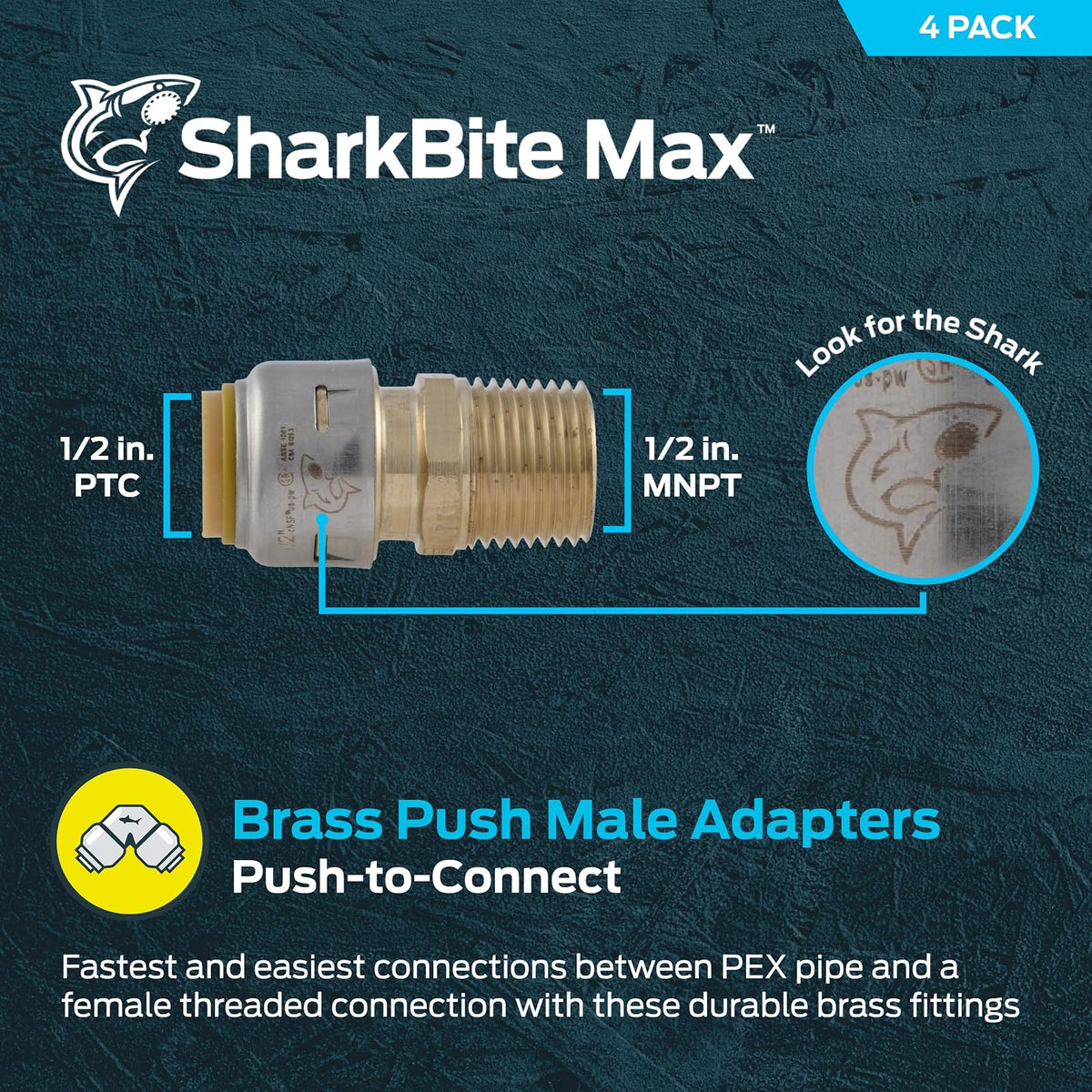SharkBite Max Adaptador MNPT de 1/2 pulgadas, paquete de 4, ajuste de fontanería de latón a presión para conectar, tubería PEX, cobre, CPVC, PE-RT, HDPE, UR120A4
