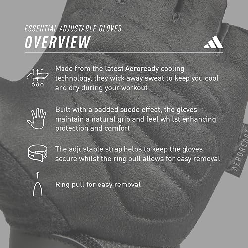 Adidas Guantes Esenciales Ajustables sin Dedos para Hombres y Mujeres, Guantes Acolchados para Levantamiento de Pesas, Correas de muñeca Ajustables para Ajuste Seguro