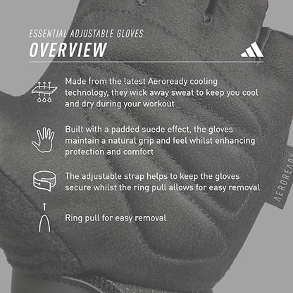 Adidas Guantes Esenciales Ajustables sin Dedos para Hombres y Mujeres, Guantes Acolchados para Levantamiento de Pesas, Correas de muñeca Ajustables para Ajuste Seguro