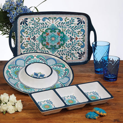 Talavera - Juego de vajilla de melamina de 3 piezas, servidor de chips y inmersión, bandeja de sabor de 3 secciones y plato rectangular de 19 pulgadas, colorido juego de servir del suroeste para
