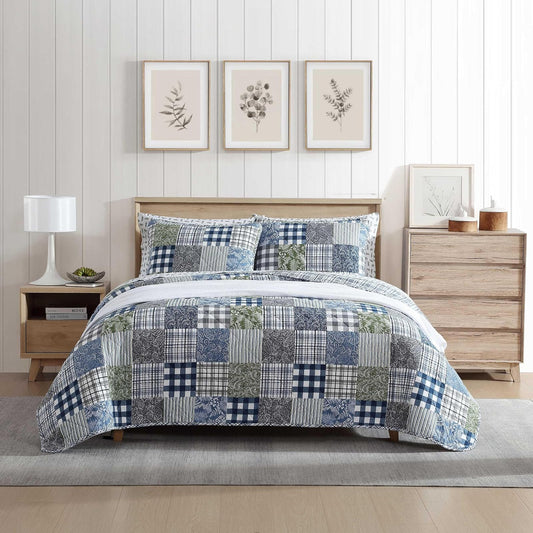 Eddie Bauer - Juego de edredón individual, ropa de cama de algodón reversible con funda a juego, decoración del hogar con reverso a cuadros (acogedor patchwork a cuadros azul/verde, tamaño individual)