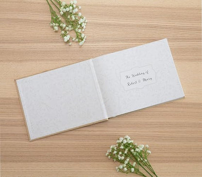 Pearhead Libro de visitas de boda de lino beige con escritura blanca, boda elegante, decoración de boda simple, regalo de despedida de soltera, marfil