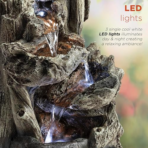 Alpine Corporation WIN794S Fuente de Agua de Troncos en Niveles para Mesa de Interior con Luces LED, Cascada de Luz de Bosque Tropical, 14", Marrón