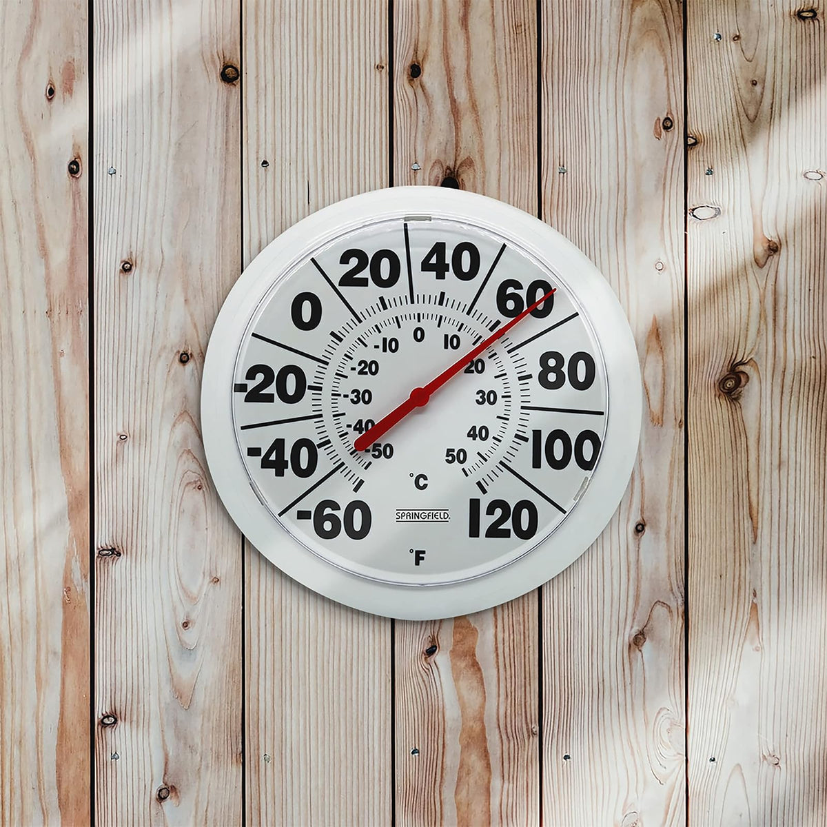 Springfield Termómetro de Esfera Grande para Interiores y Exteriores, inalámbrico con números Grandes fáciles de Leer, Esfera de 8 Pulgadas para Uso en Patio, Piscina o Interior, Acabado Blanco