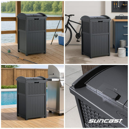 Suncast - Papelera de mimbre de 33 galones con tapa de cierre seguro y construcción resistente a la intemperie para patio, gris ciberespacio, fabricado en los Estados Unidos