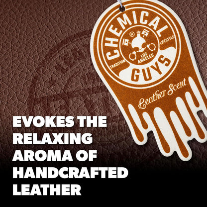 Chemical Guys Ambientador Colgante, Aroma a Cuero, Ideal para Automóviles, Camiones, todoterrenos, caravanas, Casas, garajes, Espacios de Trabajo, dormitorios y más, Pack de 12 Unidades