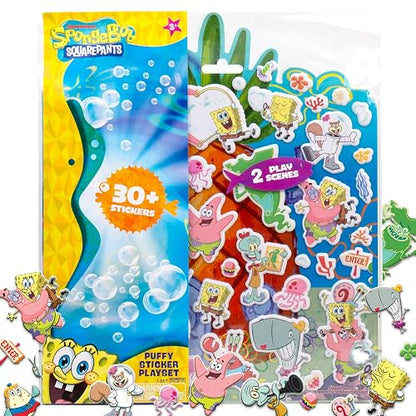 Spongebob - Juego de pegatinas hinchadas, incluye más de 30 calcomanías reutilizables y escenas de juego, libro de actividades de viaje reutilizable para niños, libro de actividades para niños