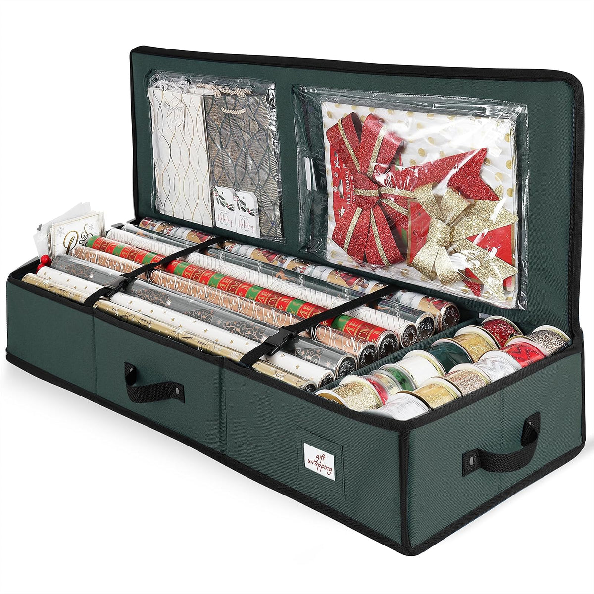 Hearth & Harbor - Contenedor de almacenamiento de papel de regalo con cinta organizador de almacenamiento - Bolsa de almacenamiento de Navidad con bolsillos interiores extras - Organizador de regalo - Medium (3 - Verde