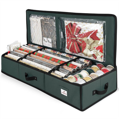 Hearth & Harbor - Contenedor de almacenamiento de papel de regalo con cinta organizador de almacenamiento - Bolsa de almacenamiento de Navidad con bolsillos interiores extras - Organizador de regalo - Medium (3 - Verde