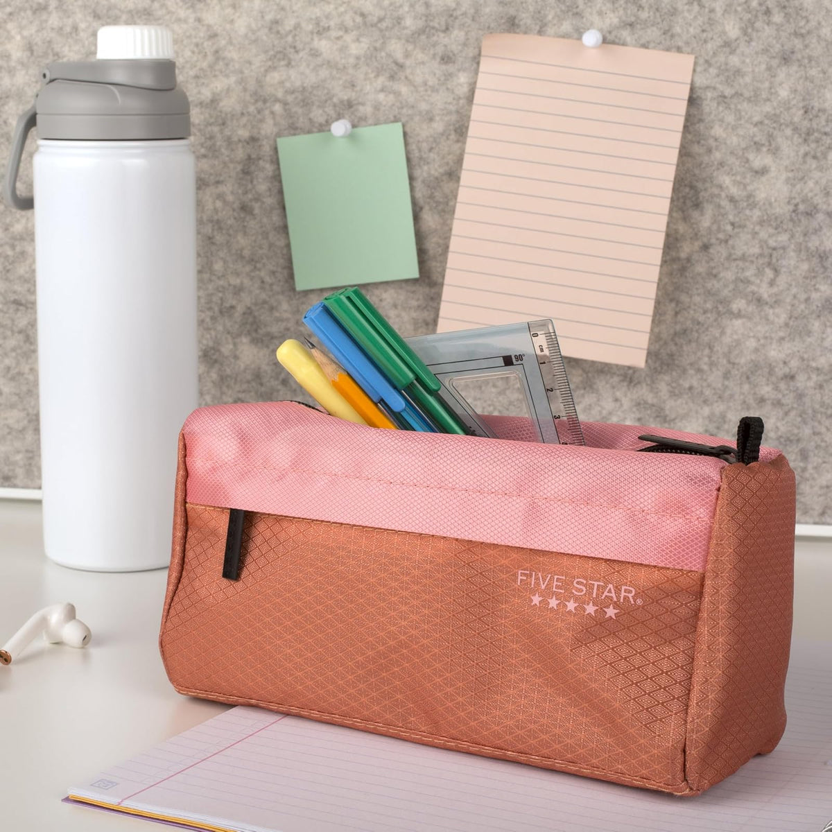 Five Star - Estuche para lápices, estuche para bolígrafos, bolsa con cierre de 9 bolsillos, organizador de almacenamiento para suministros escolares, auriculares, cargadores, cables, maquillaje, rosa