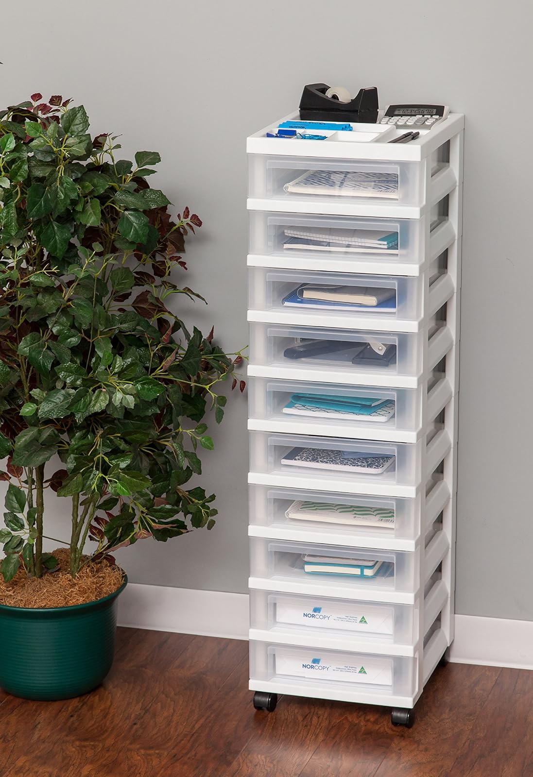 IRIS USA Carrito Organizador de 10 Cajones, Blanco/Transparente | Organiza manualidades, artículos de oficina, salón y accesorios con cajones de fácil acceso para uso diario
