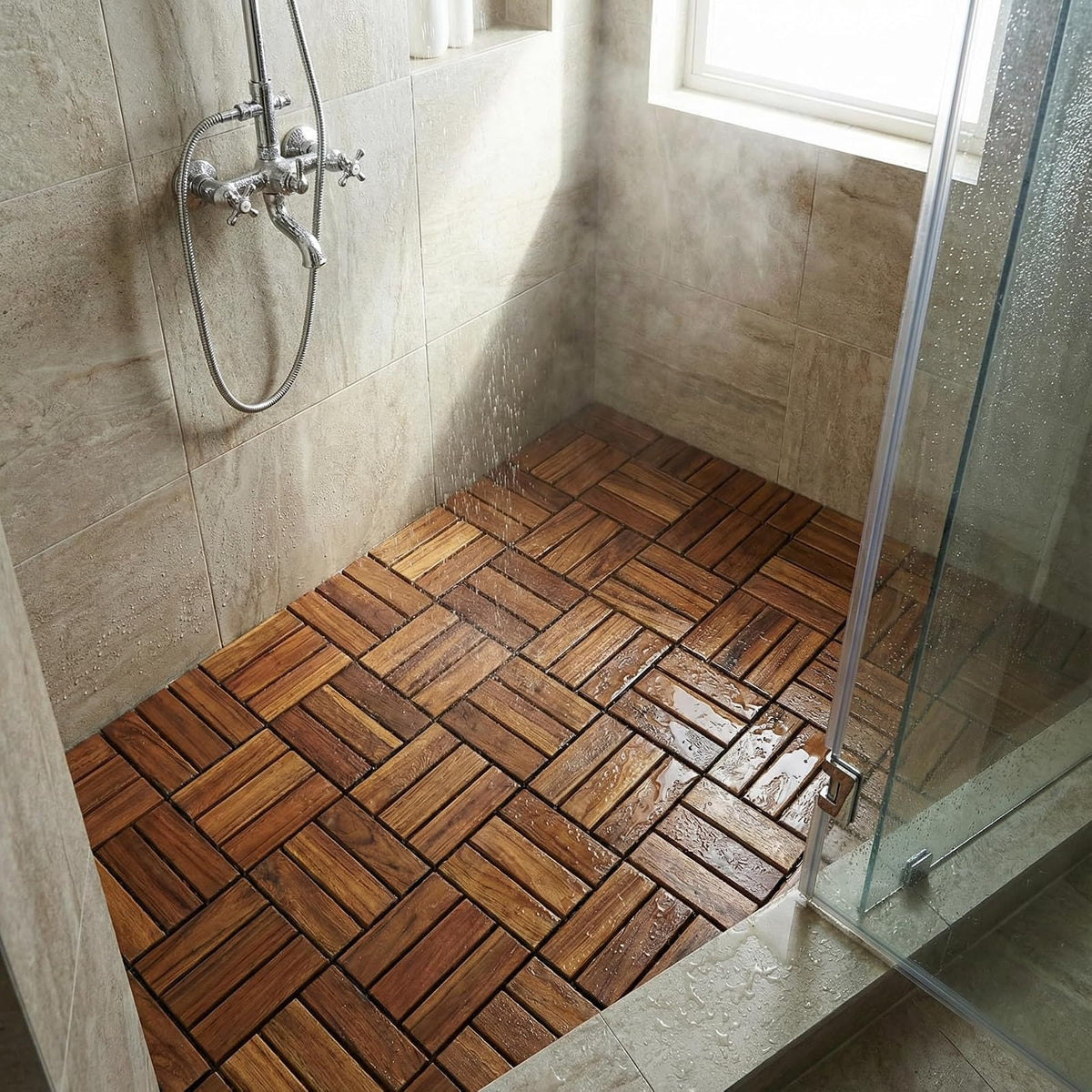 Bare Decor bare-wf2009 maciza madera de teca suelos de azulejos entrelazadas (paquete de 10), 12" x 12", café
