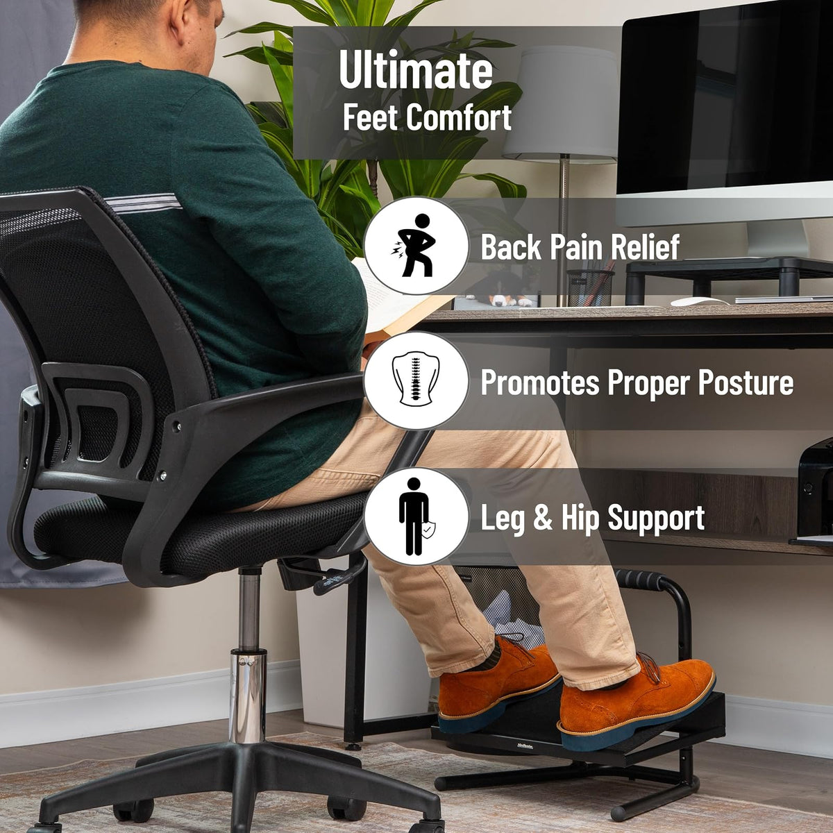 Mind Reader Foot Rest, Under Desk at Work, Ergonomic, Height Adjustable, Office, Metal, 15" L x 14.25" W x 14.5" H, Black