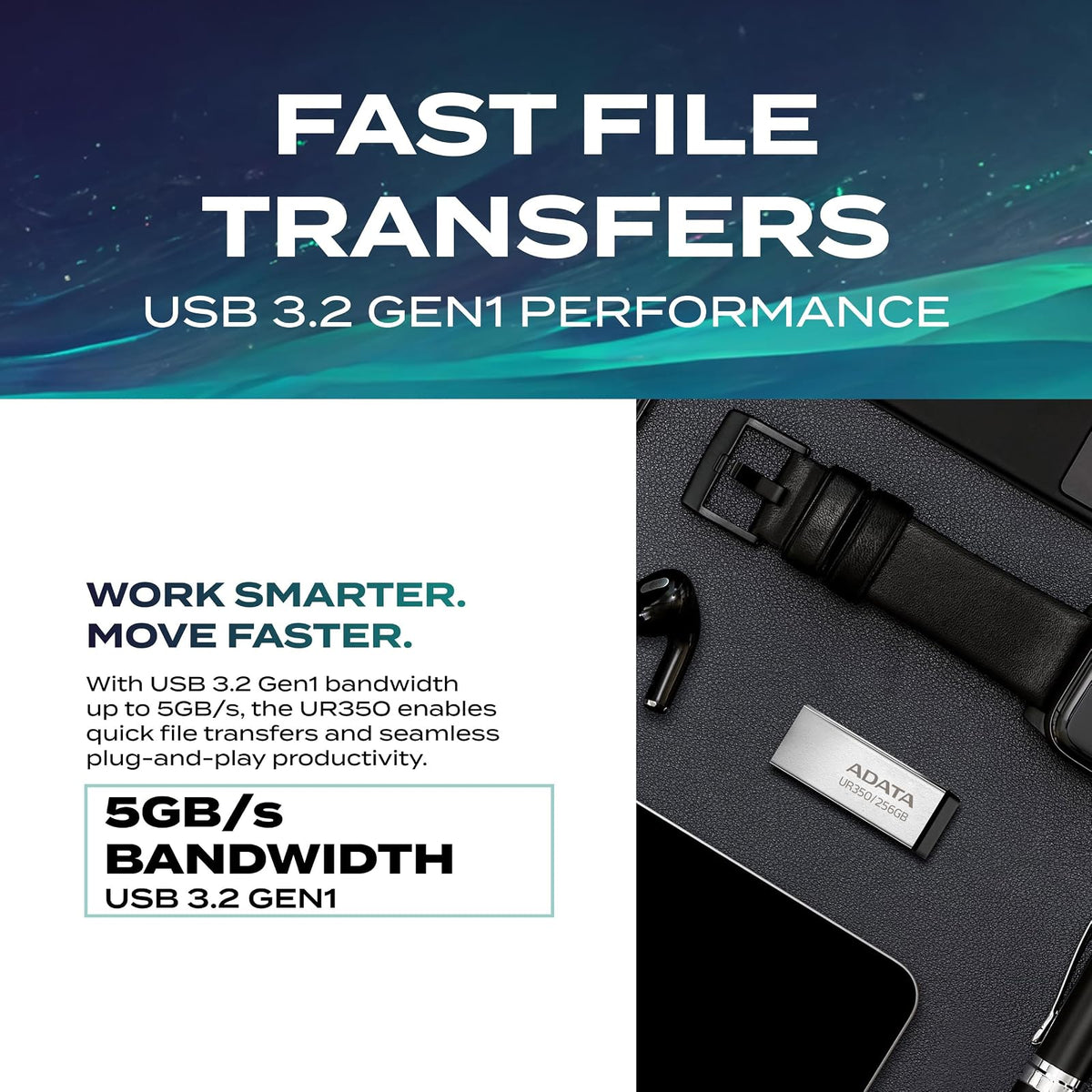 ADATA 256 GB Memoria Flash USB 3.2 Diseño sin Tapa Material Metalico (Modelo UR350-256G-RSR/BK)