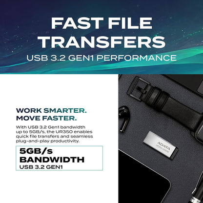 ADATA 256 GB Memoria Flash USB 3.2 Diseño sin Tapa Material Metalico (Modelo UR350-256G-RSR/BK)