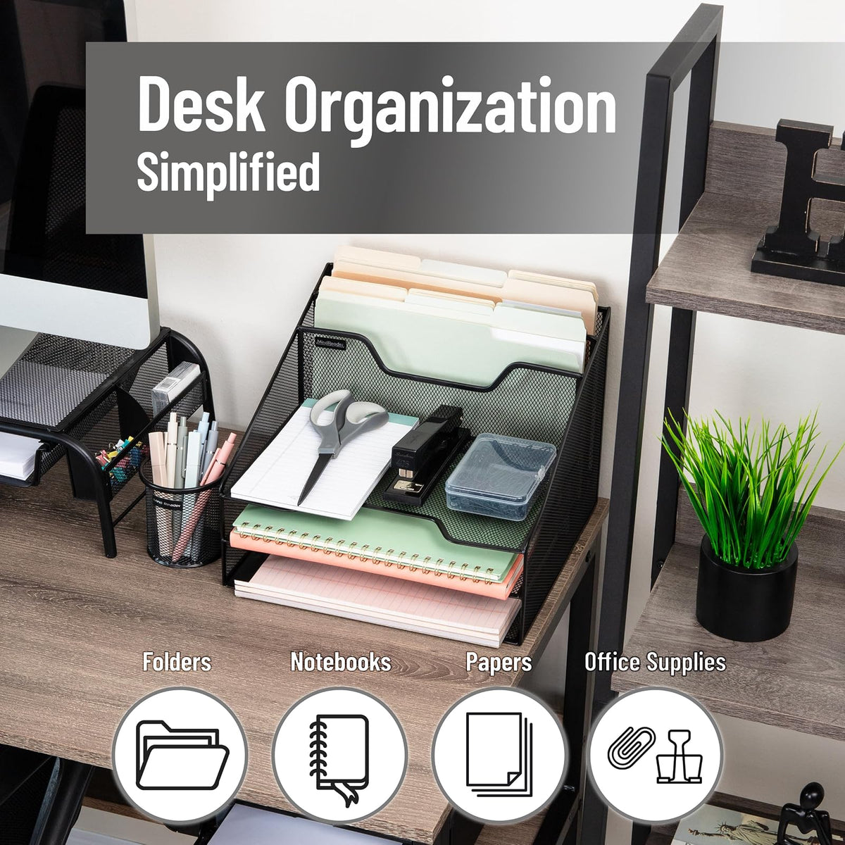 Mind Reader 2MESHBOX5-BLK Mesh Desk Organizer 5 Trays Desktop Document Letter Tray for Folders, Mail, Stationary, Desk Accessories, 2 Pack, Black