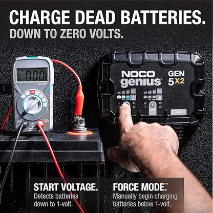 NOCO Genius GEN5X2 Cargador de Batería Marino Inteligente de 2 Bancos, 10 A, 12 V, Negro