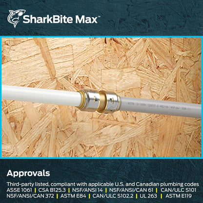 SharkBite Max - Acoplamiento de transición de polibutileno de 1/2 pulgadas, ajuste de fontanería de latón a presión para conectar, tubería PEX, cobre, CPVC, PE-RT, HDPE, UR4008A