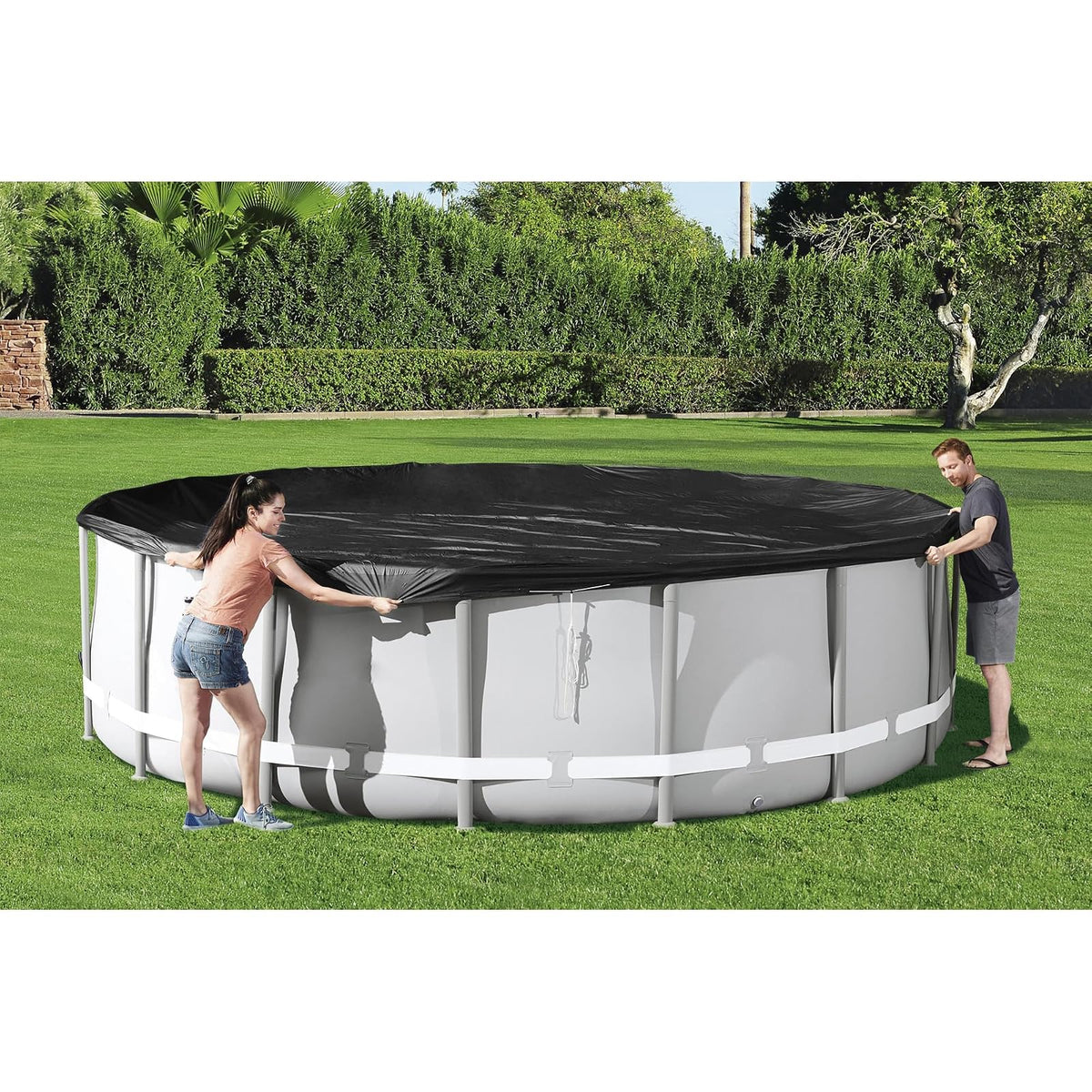 Bestway - Cubierta Redonda de PVC de 16 pies para Piscinas sobre el Piso con Agujeros de Drenaje y Cuerdas de Amarre seguras, Color Negro (Solo Cubierta)