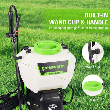 Greenworks Pulverizador de Mochila Premium PA891K 24 V, 4 galones, Kit de pulverizador de Mochila Alimentado por batería para desmalezar, rociar, Limpiar.